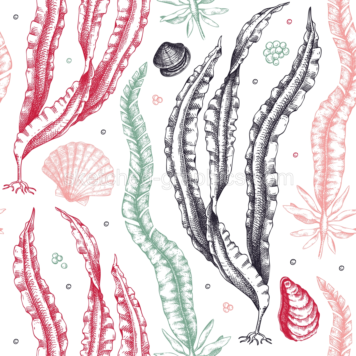 Hand-drawn Kombu background. Laminaria botanical illustration in sketch style. Edible seaweed seamless pattern. Sea life drawings. For menu design, textile, wrapping paper, print Illustration
